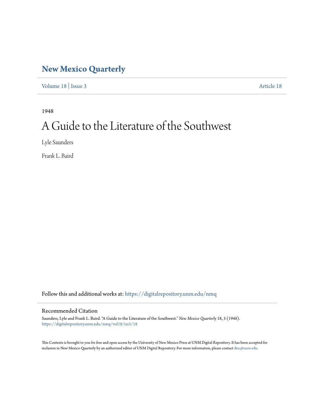 A Guide to the Literature of the Southwest Lyle Saunders