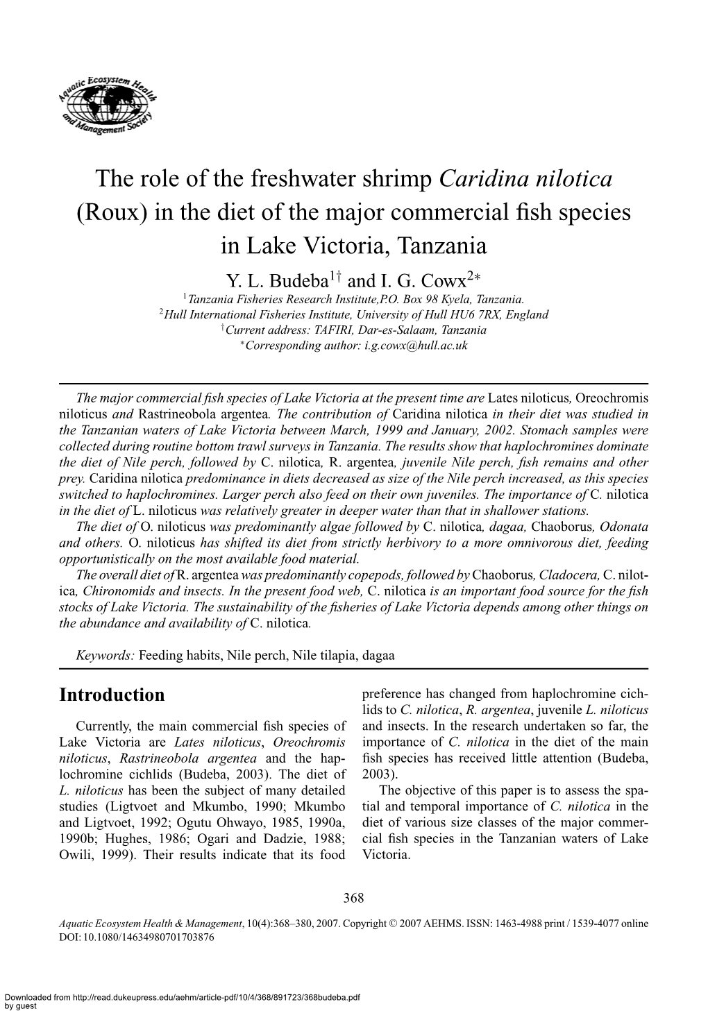 The Role of the Freshwater Shrimp Caridina Nilotica (Roux) in the Diet of the Major Commercial ﬁsh Species in Lake Victoria, Tanzania Y