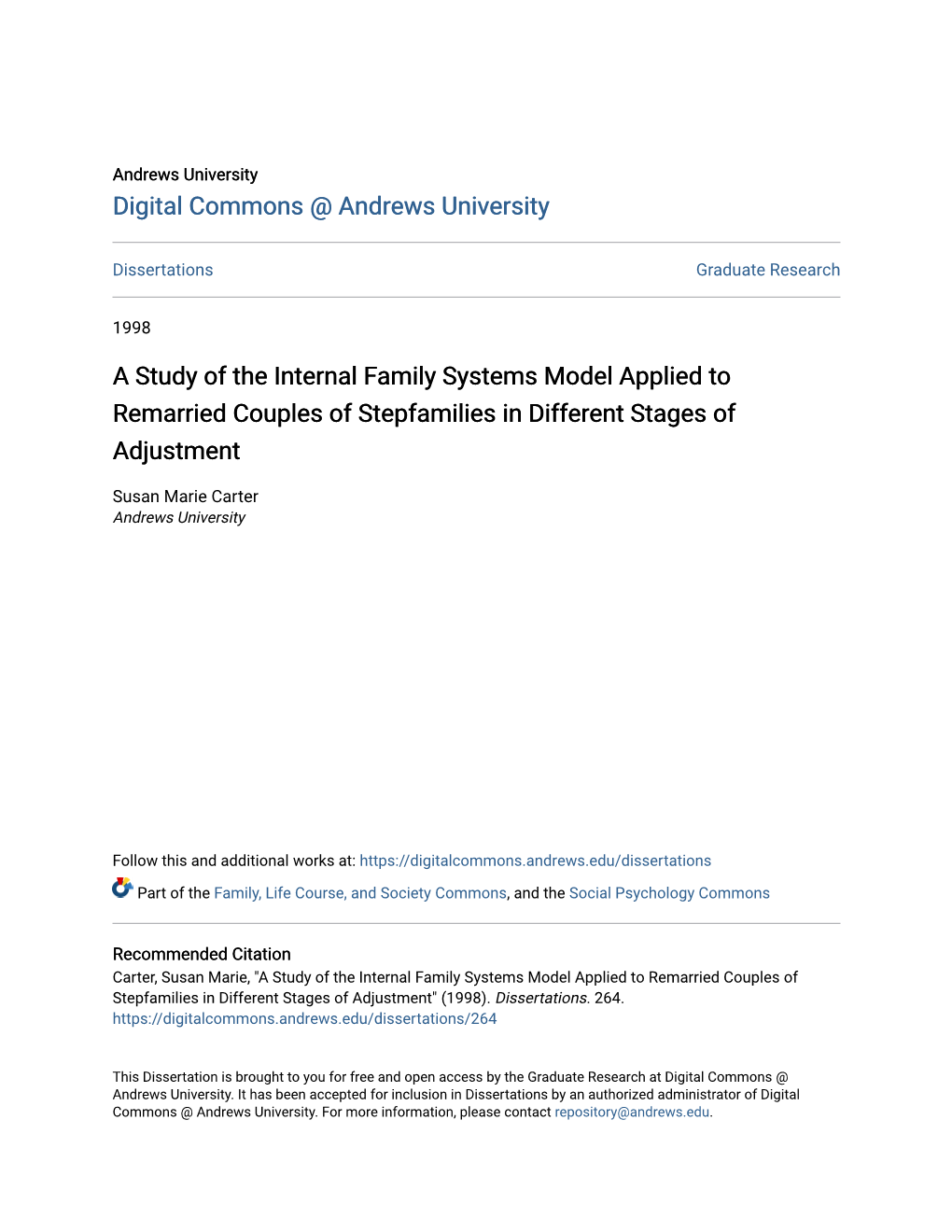 A Study of the Internal Family Systems Model Applied to Remarried Couples of Stepfamilies in Different Stages of Adjustment