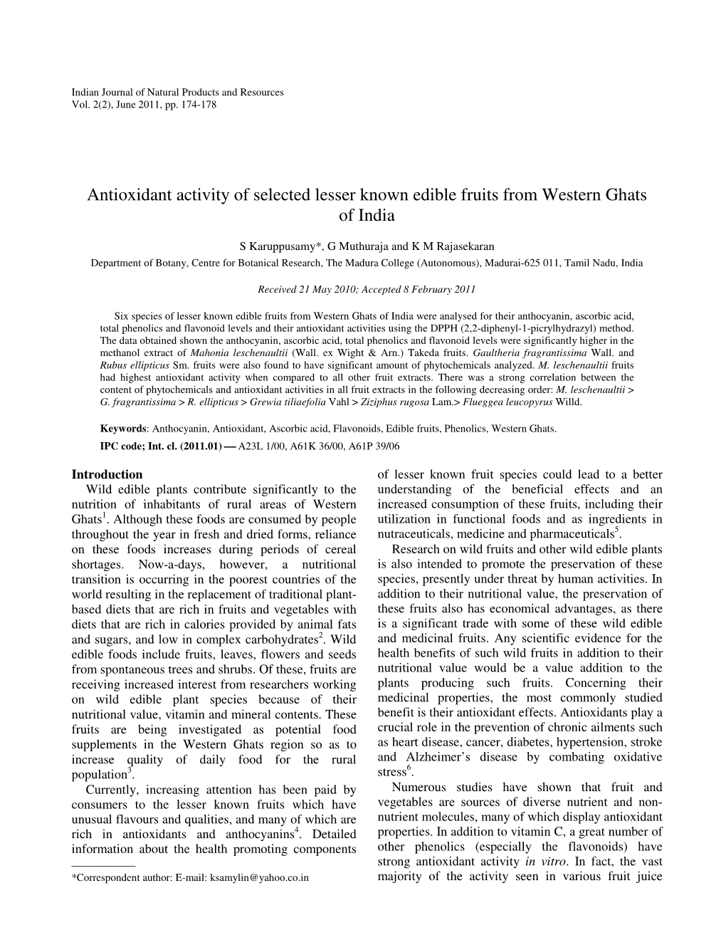 Antioxidant Activity of Selected Lesser Known Edible Fruits from Western Ghats of India