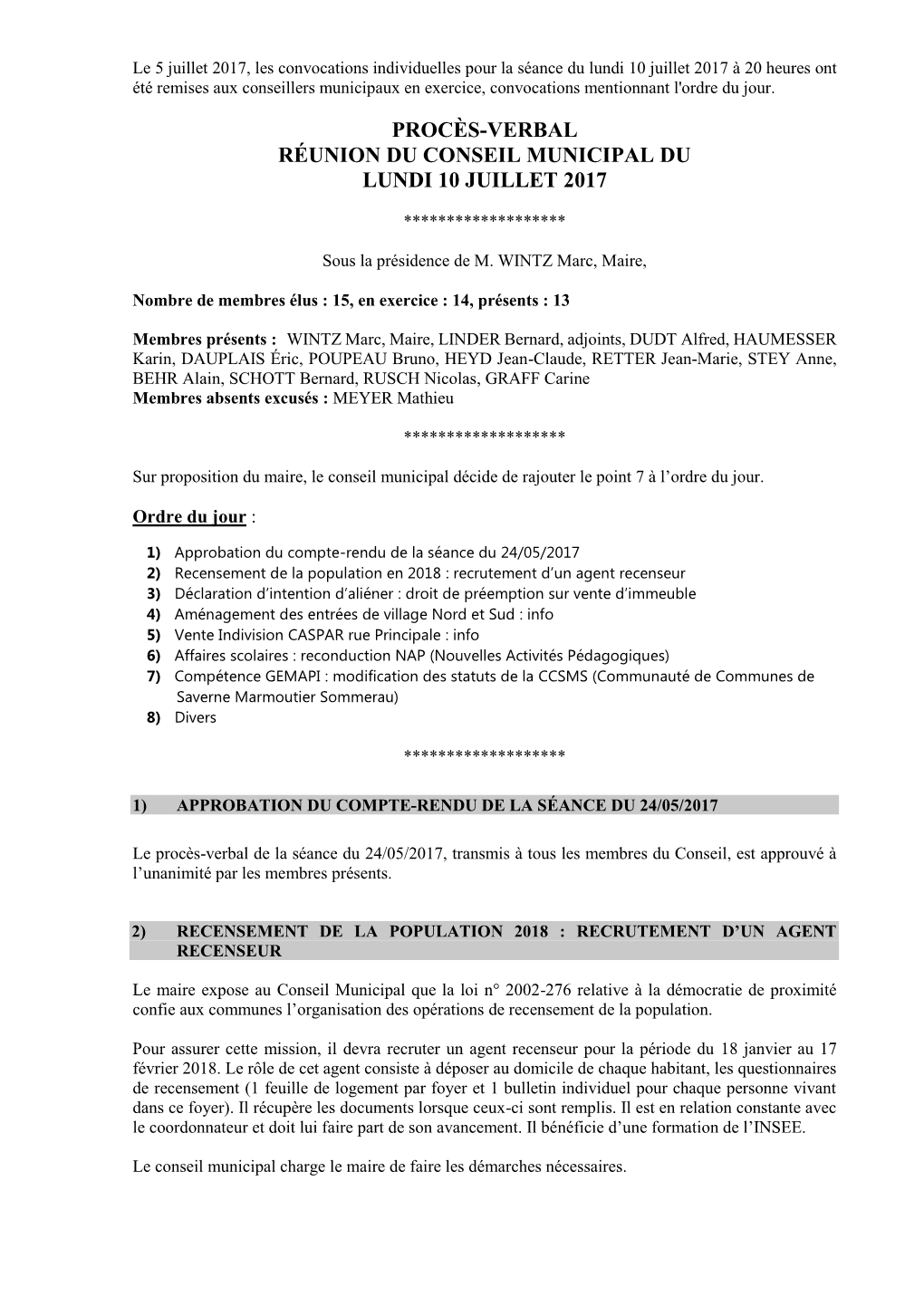 Procès-Verbal Réunion Du Conseil Municipal Du Lundi 10 Juillet 2017