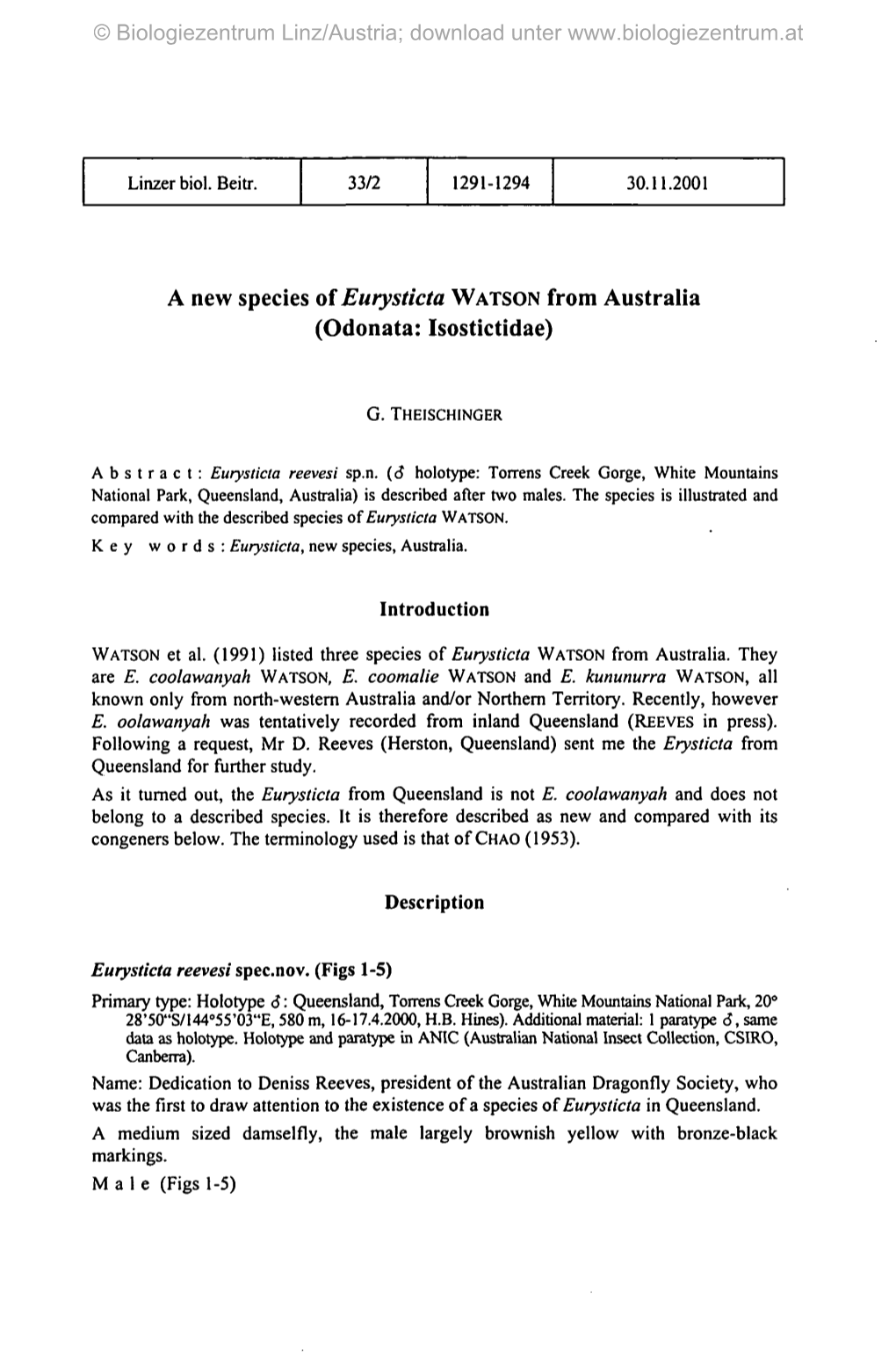 A New Species of Eurysticta WATSON from Australia (Odonata: Isostictidae)