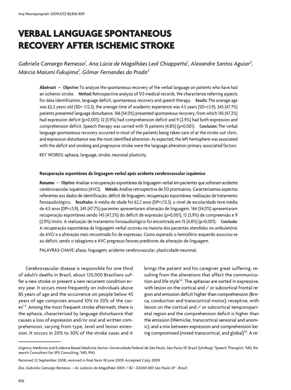 Verbal Language Spontaneous Recovery After Ischemic Stroke