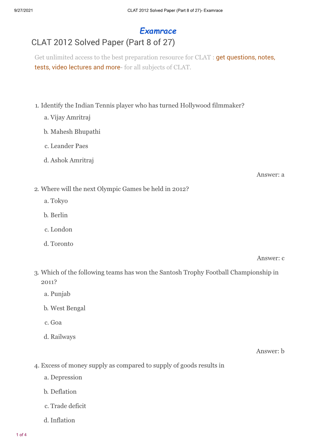 CLAT 2012 Solved Paper (Part 8 of 27)- Examrace