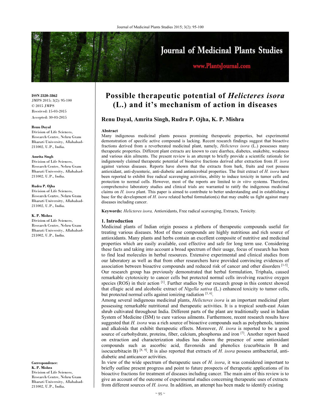 Possible Therapeutic Potential of Helicteres Isora (L.)