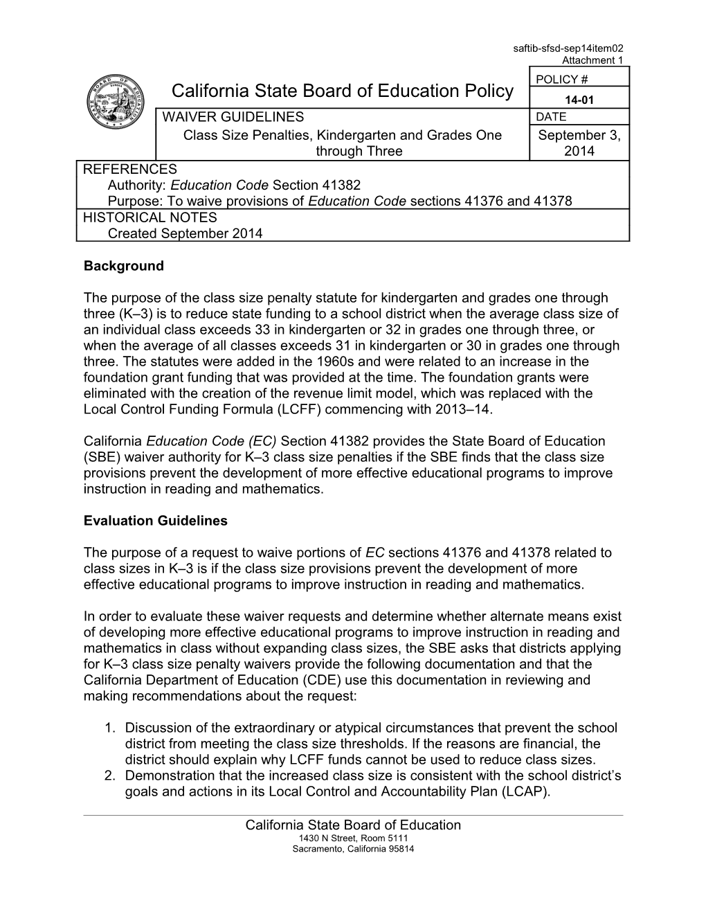 Class Size Penalty, Grades K-3 - Waivers (CA Dept of Education)