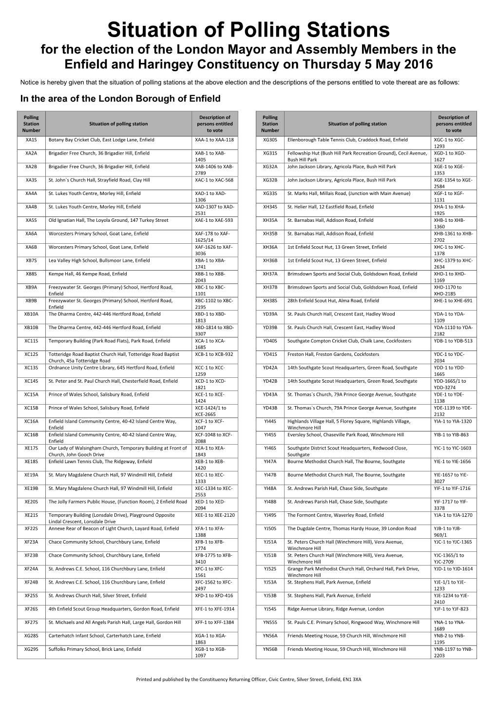 Situation of Polling Stations for the Election of the London Mayor and Assembly Members in the Enfield and Haringey Constituency on Thursday 5 May 2016