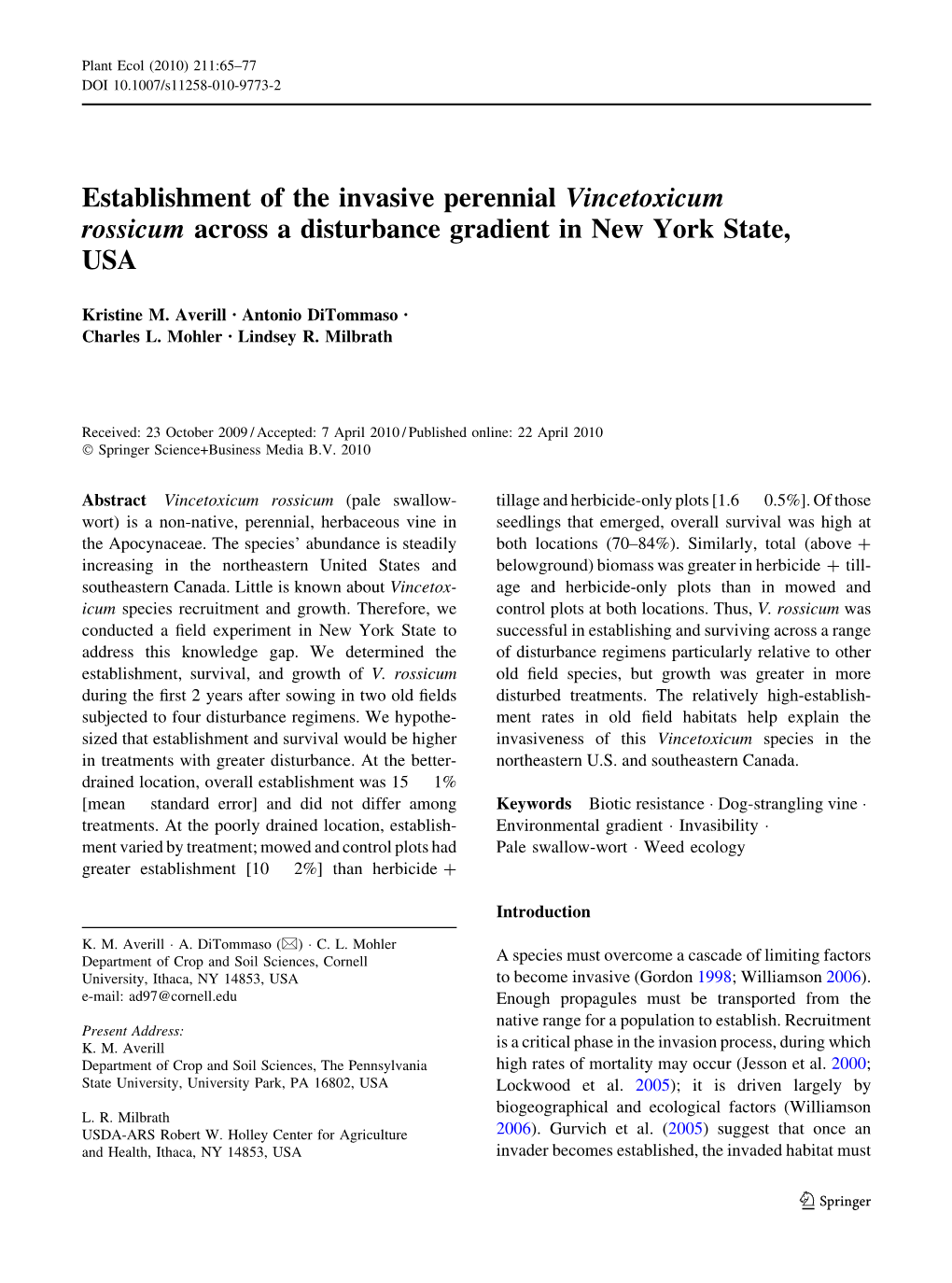 Establishment of the Invasive Perennial Vincetoxicum Rossicum Across a Disturbance Gradient in New York State, USA