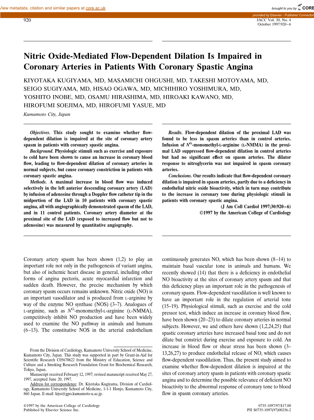 Nitric Oxide-Mediated Flow-Dependent Dilation Is Impaired in Coronary Arteries in Patients with Coronary Spastic Angina