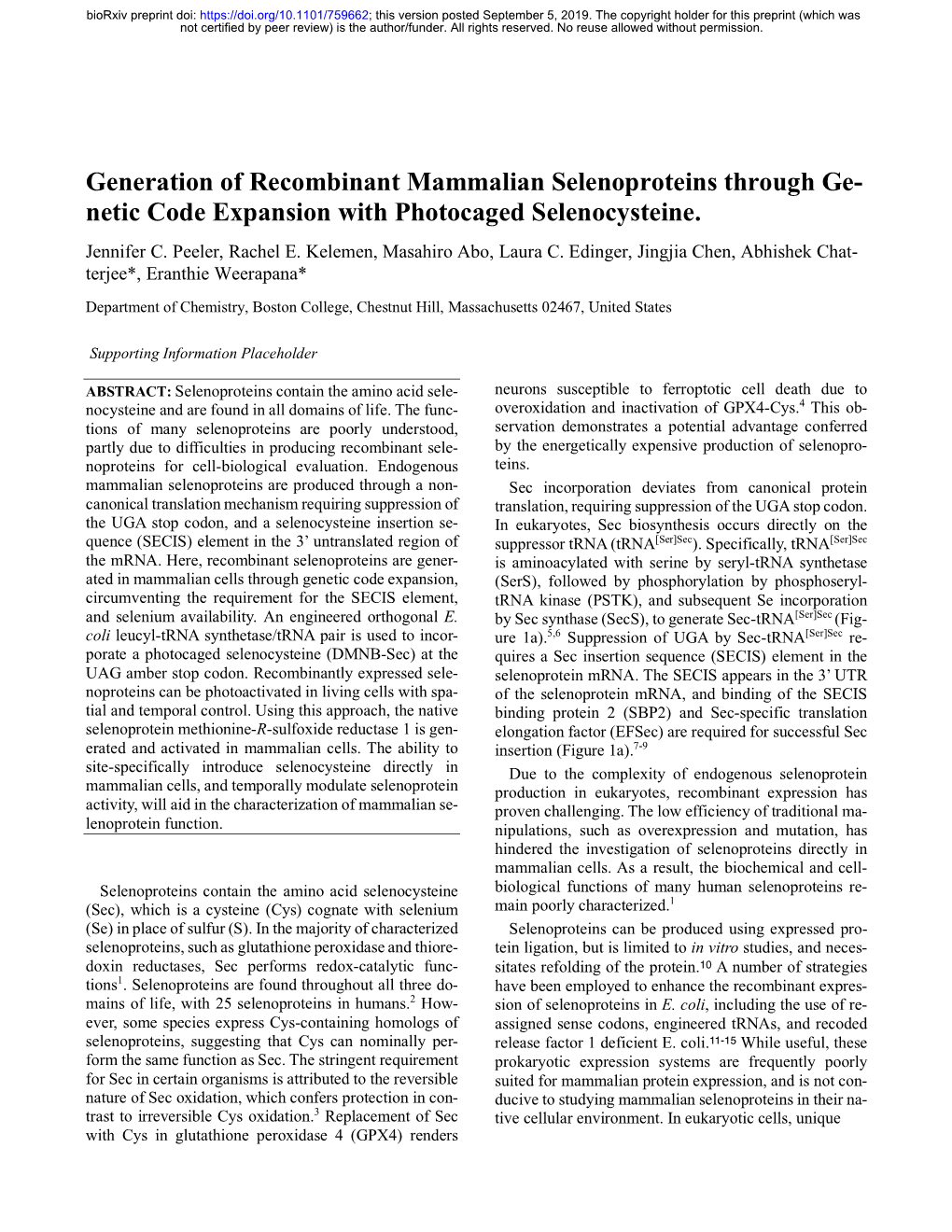 Generation of Recombinant Mammalian Selenoproteins Through Ge- Netic Code Expansion with Photocaged Selenocysteine