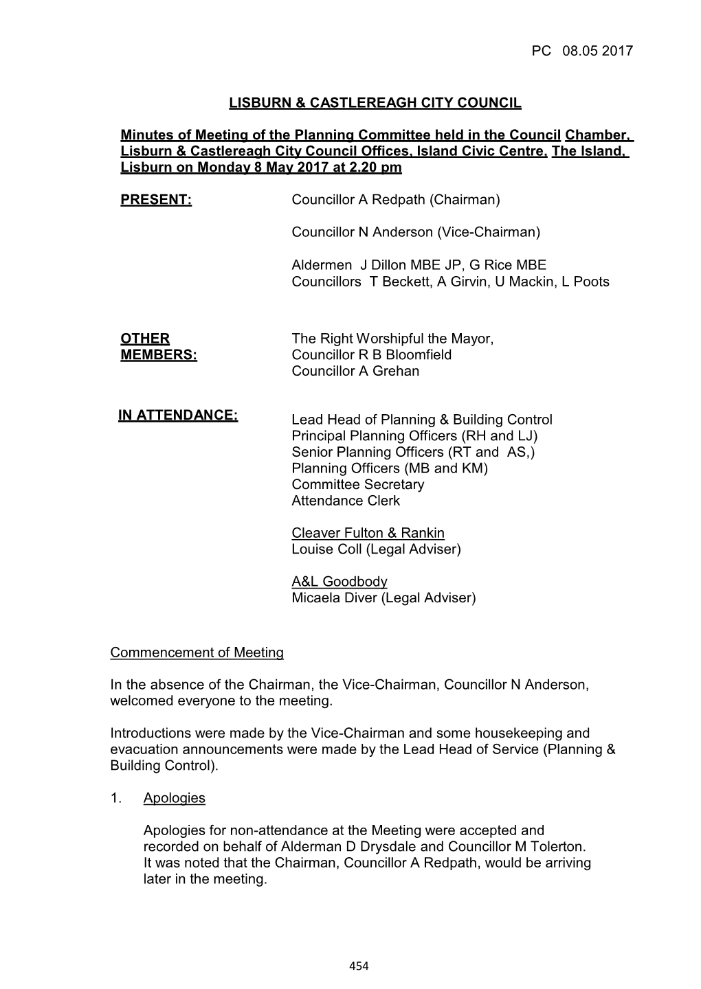 Minutes of the Proceedings of a Meeting of Held in the , on At