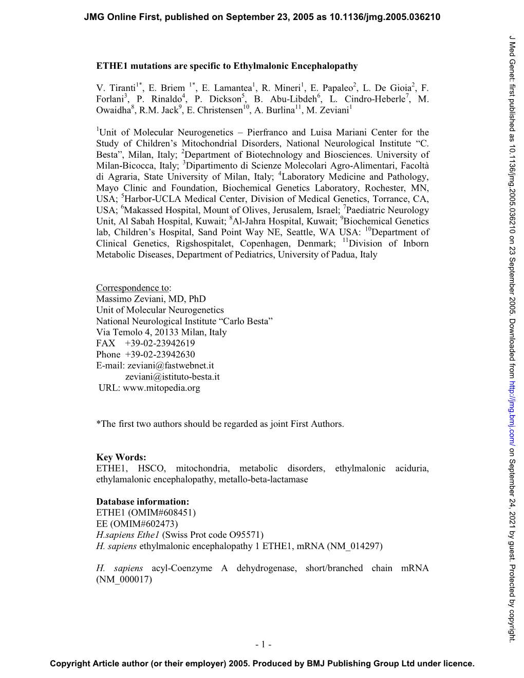 10.1136/Jmg.2005.036210 J Med Genet: First Published As 10.1136/Jmg.2005.036210 on 23 September 2005