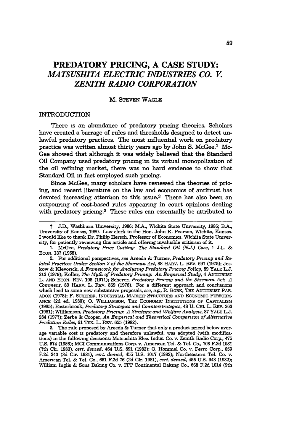 Predatory Pricing, a Case Study: Matsushita Electric Industries Co. V. Zenith Radio Corporation