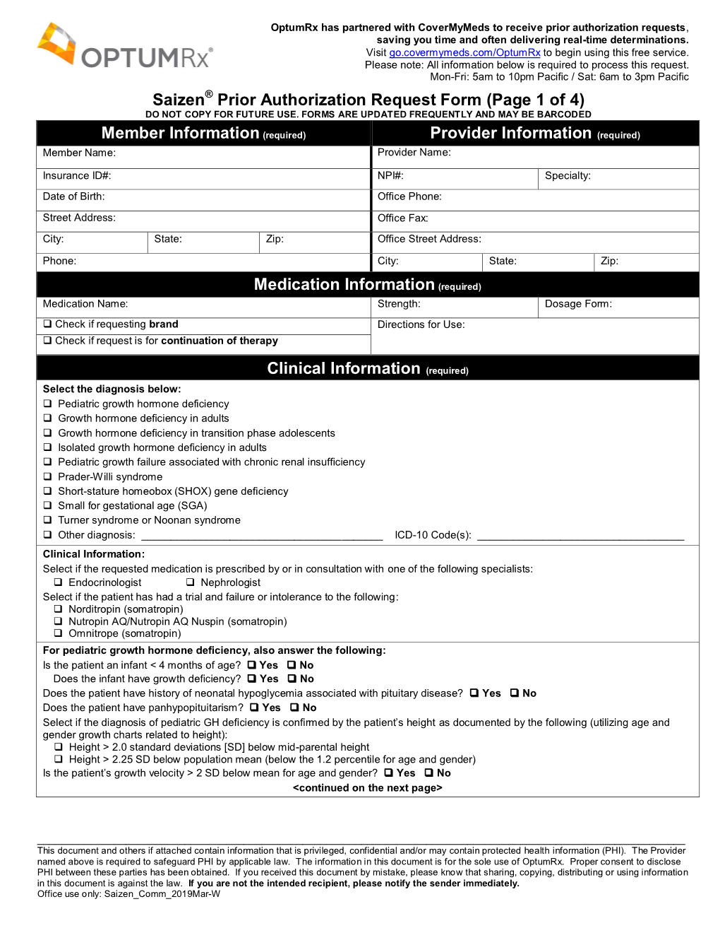 Saizen Prior Authorization Request Form (Page 1 of 4) DO NOT COPY for FUTURE USE