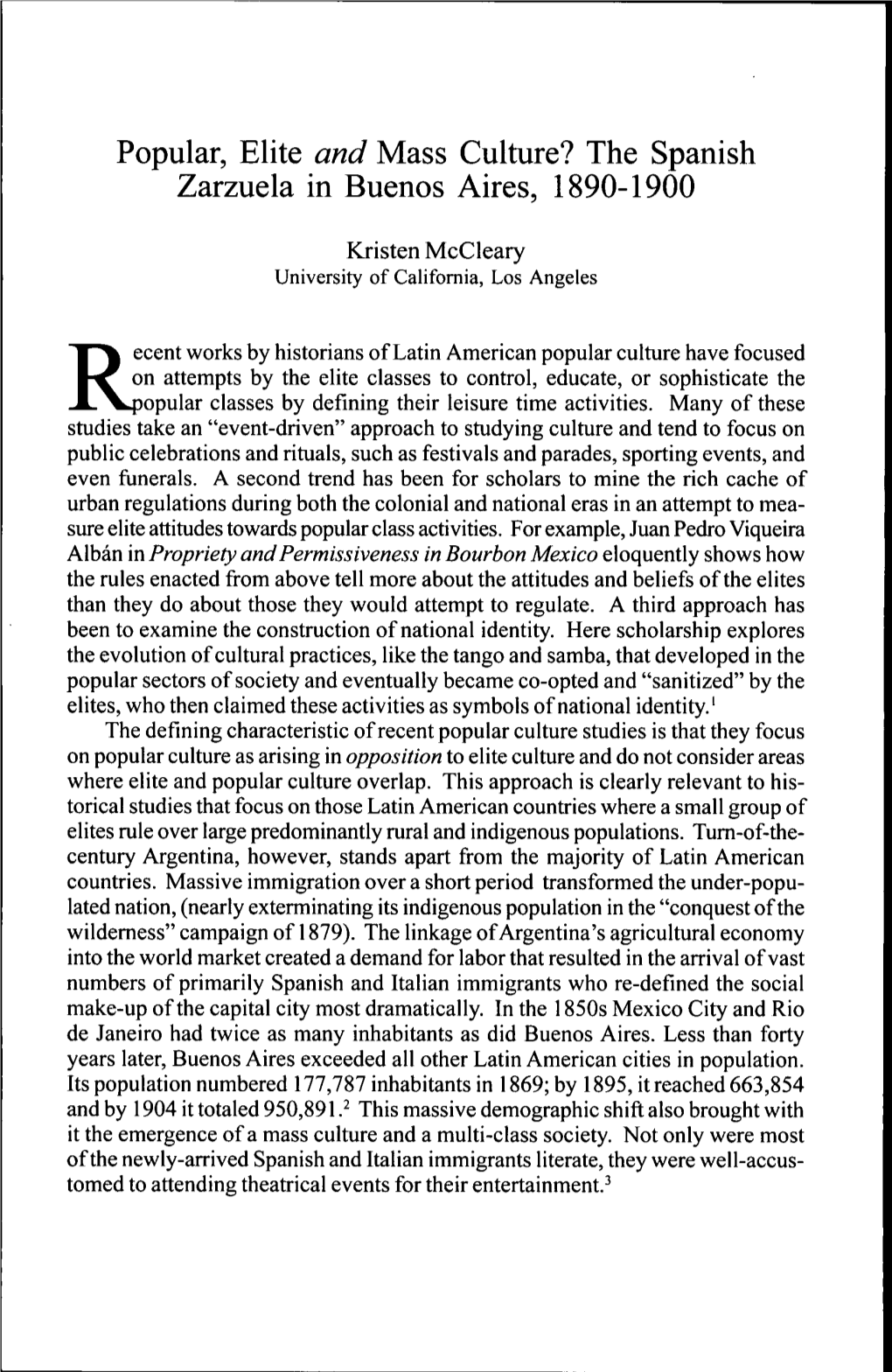 Popular, Elite and Mass Culture? the Spanish Zarzuela in Buenos Aires, 1890-1900