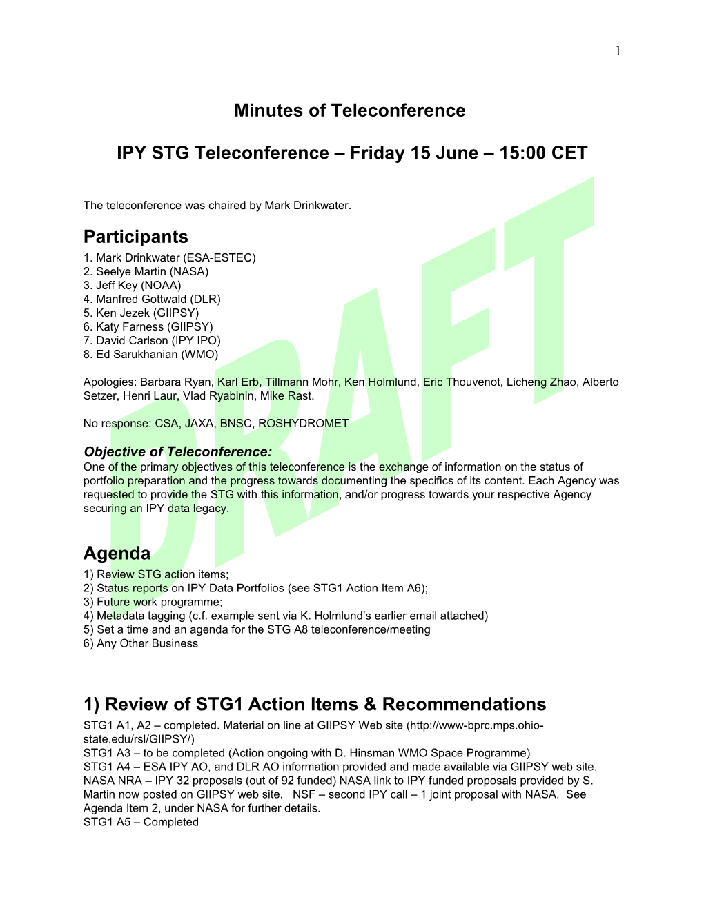 AGENDA - IPY STG Teleconference Friday 15 June 15:00 CET