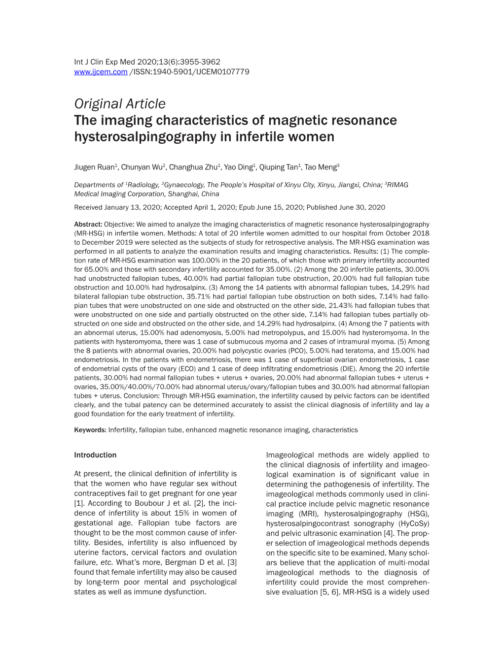 Original Article the Imaging Characteristics of Magnetic Resonance Hysterosalpingography in Infertile Women