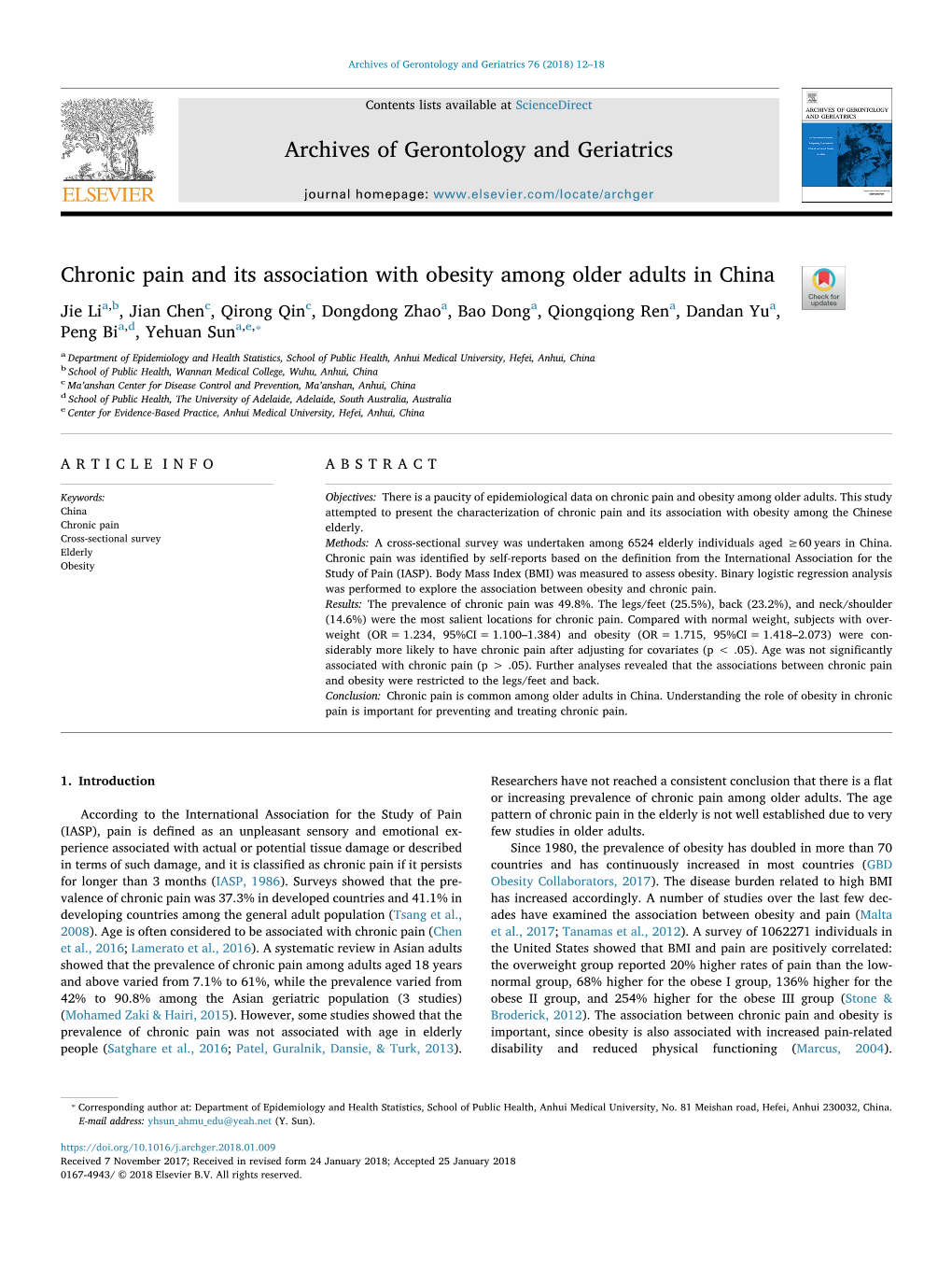 Chronic Pain and Its Association with Obesity Among Older Adults in China