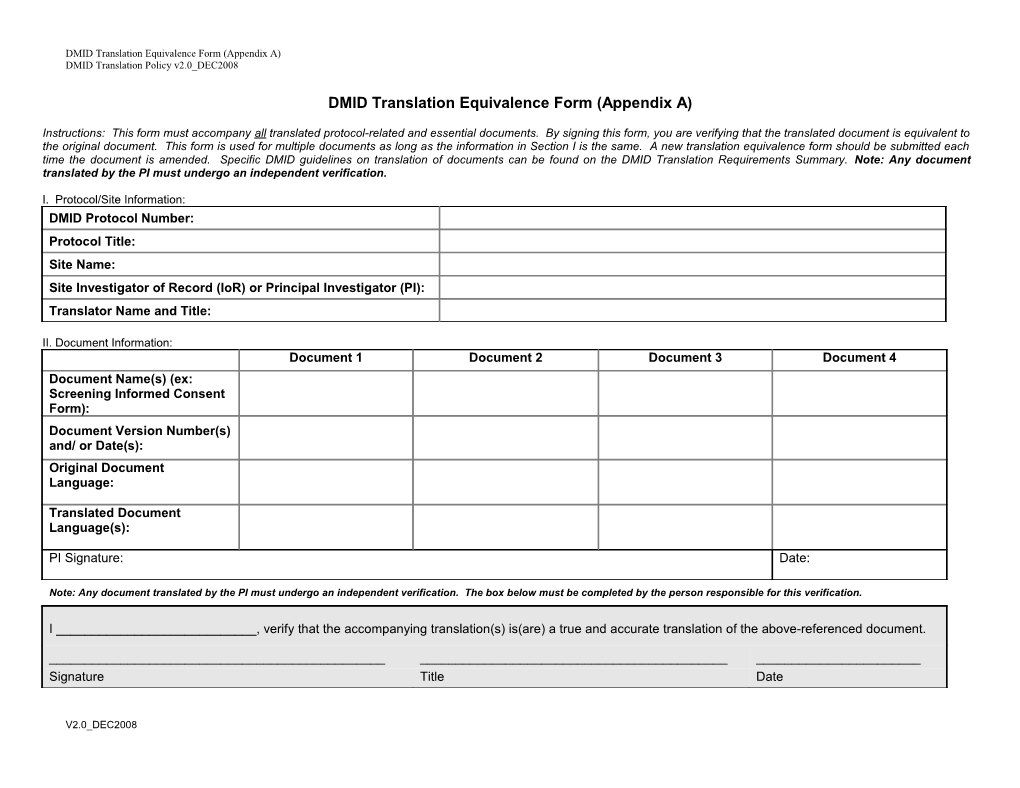 DMID Translation Equivalence Form (Appendix A)