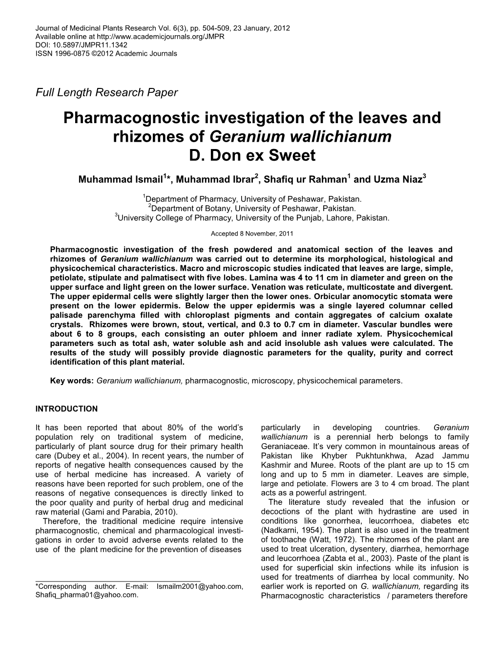 Pharmacognostic Investigation of the Leaves and Rhizome of Geranium