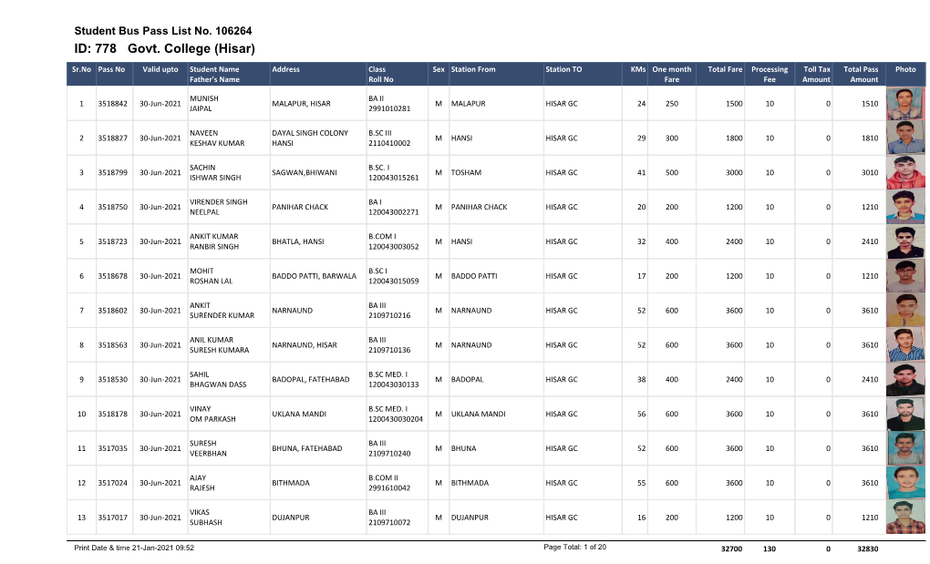 Student Bus Pass List No. 106264 ID: 778 Govt