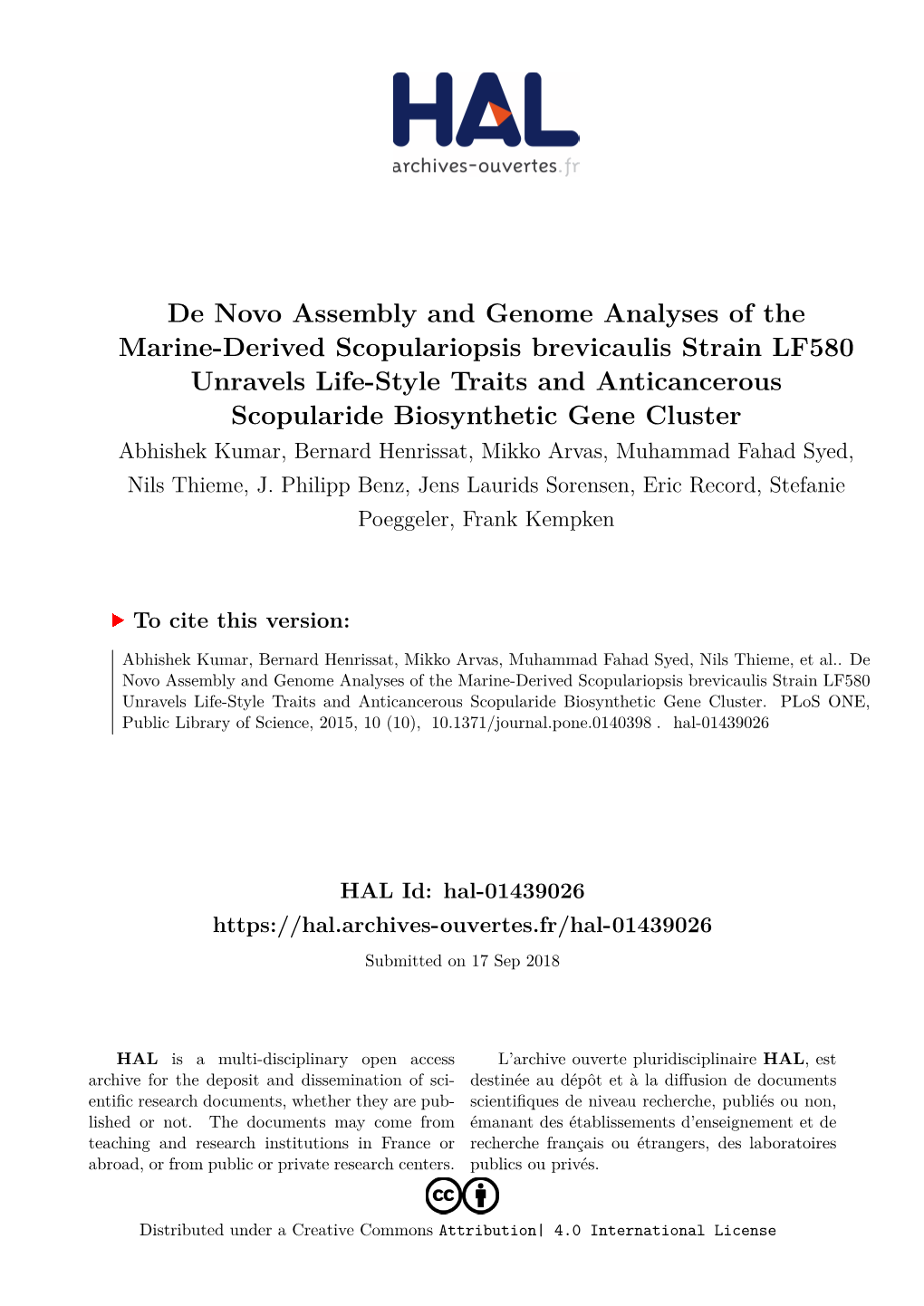 De Novo Assembly and Genome Analyses of the Marine-Derived