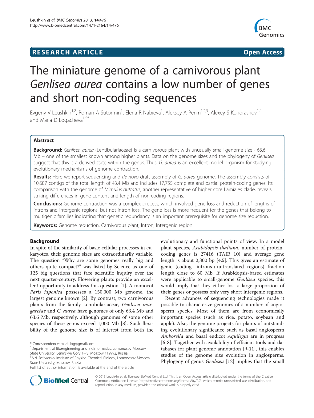 The Miniature Genome of a Carnivorous Plant Genlisea Aurea