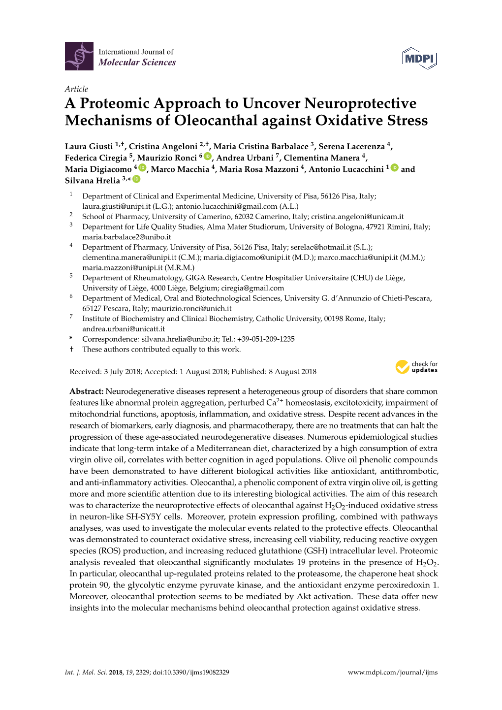 A Proteomic Approach to Uncover Neuroprotective Mechanisms of Oleocanthal Against Oxidative Stress