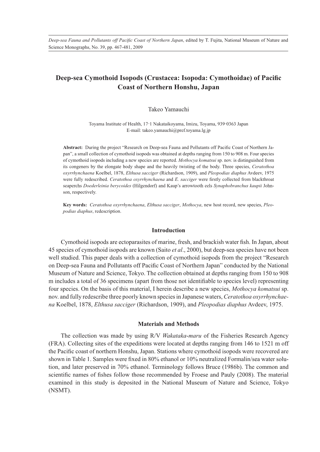 Deep-Sea Cymothoid Isopods (Crustacea: Isopoda: Cymothoidae) of Paciﬁ C Coast of Northern Honshu, Japan