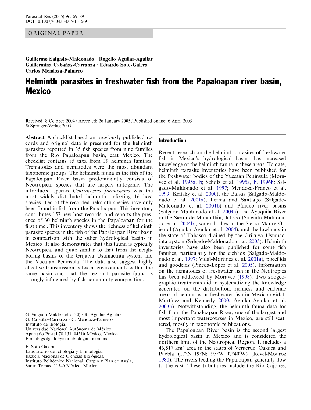 Helminth Parasites in Freshwater Fish from the Papaloapan River Basin