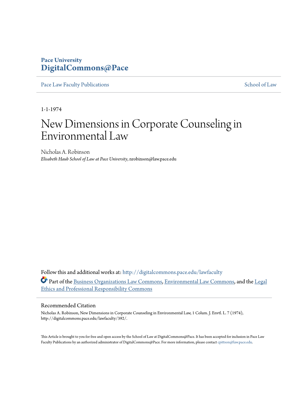 New Dimensions in Corporate Counseling in Environmental Law Nicholas A