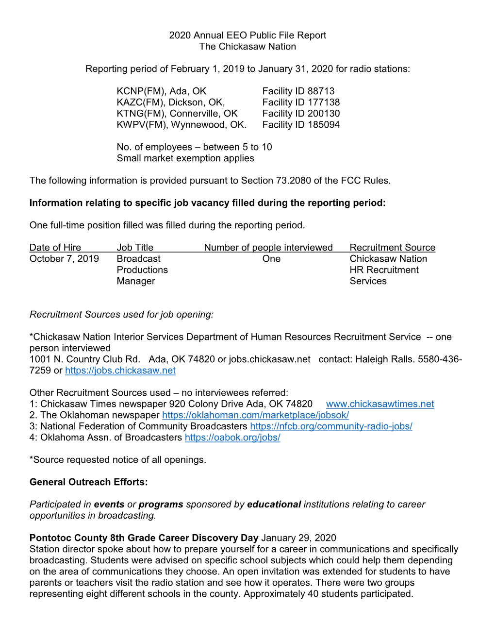 2020 Annual EEO Public File Report the Chickasaw Nation