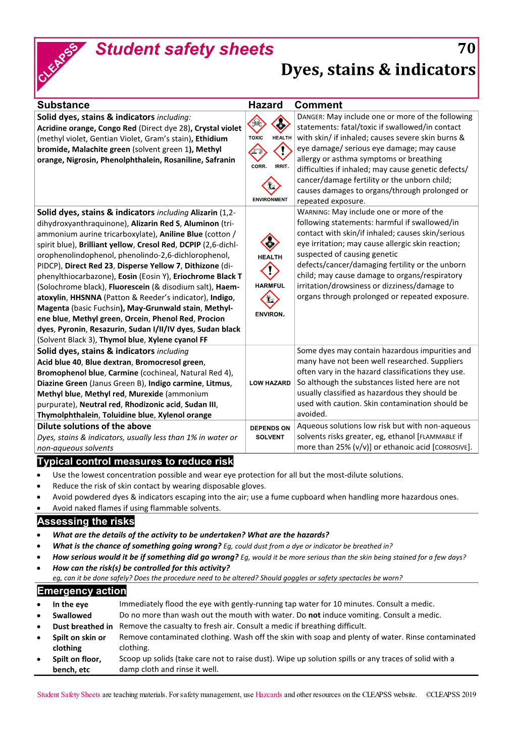 Student Safety Sheets Dyes, Stains & Indicators