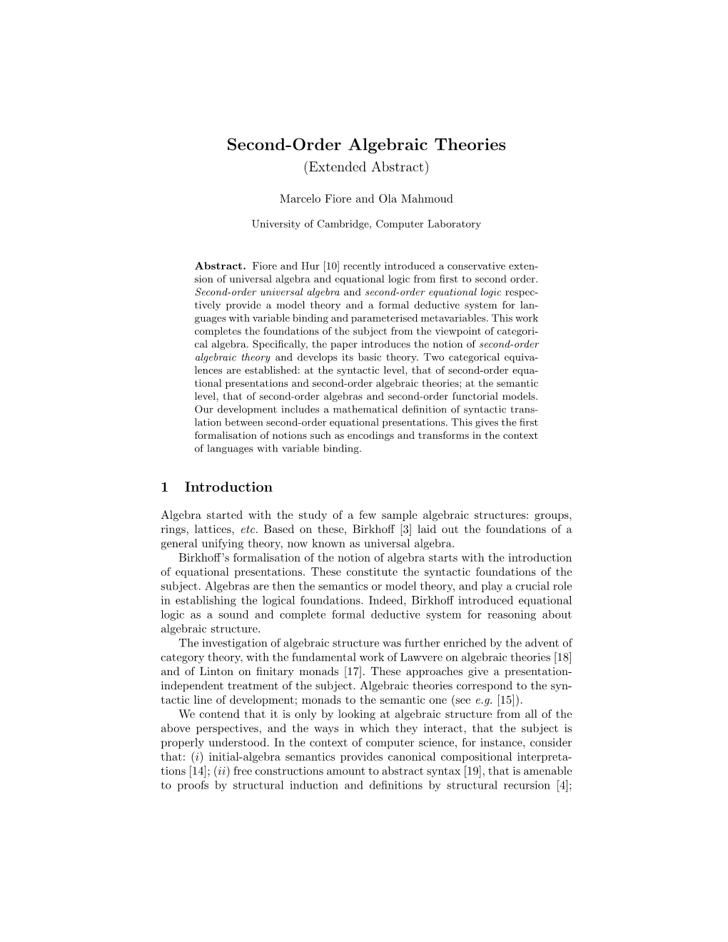 Second-Order Algebraic Theories (Extended Abstract)