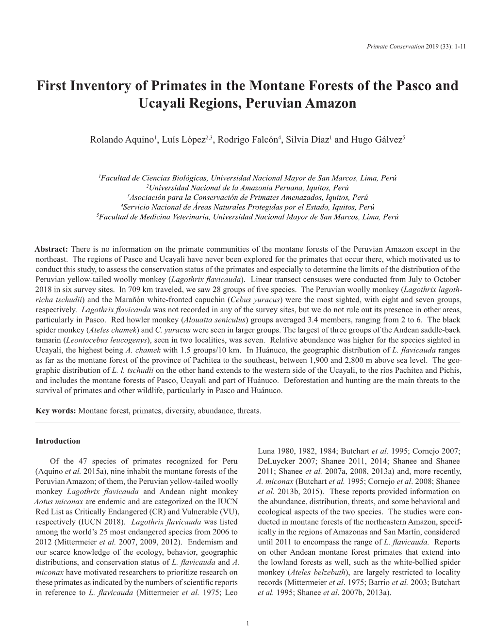 Primates of the Montane Forests of Pasco and Ucayali, Peru