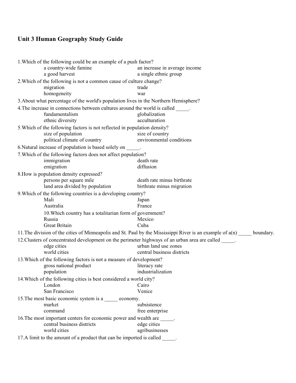 Unit 3 Human Geography Study Guide