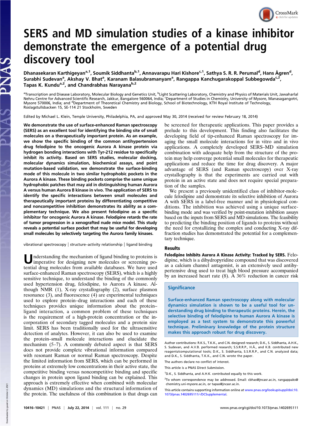 SERS and MD Simulation Studies of a Kinase Inhibitor Demonstrate the Emergence of a Potential Drug Discovery Tool