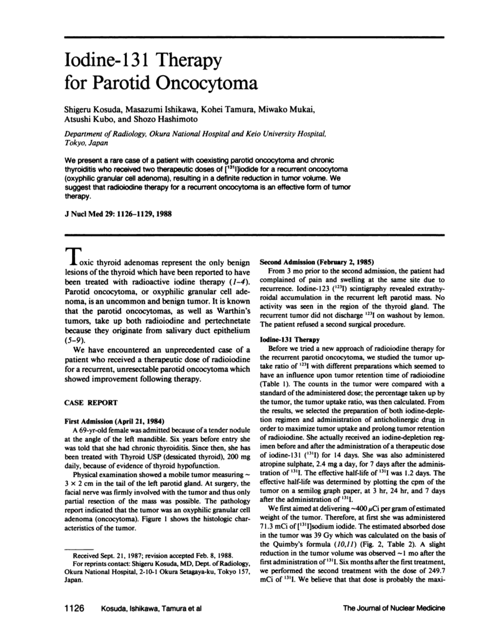 Iodine-. 13 1 Therapy for Parotid Oncocytoma