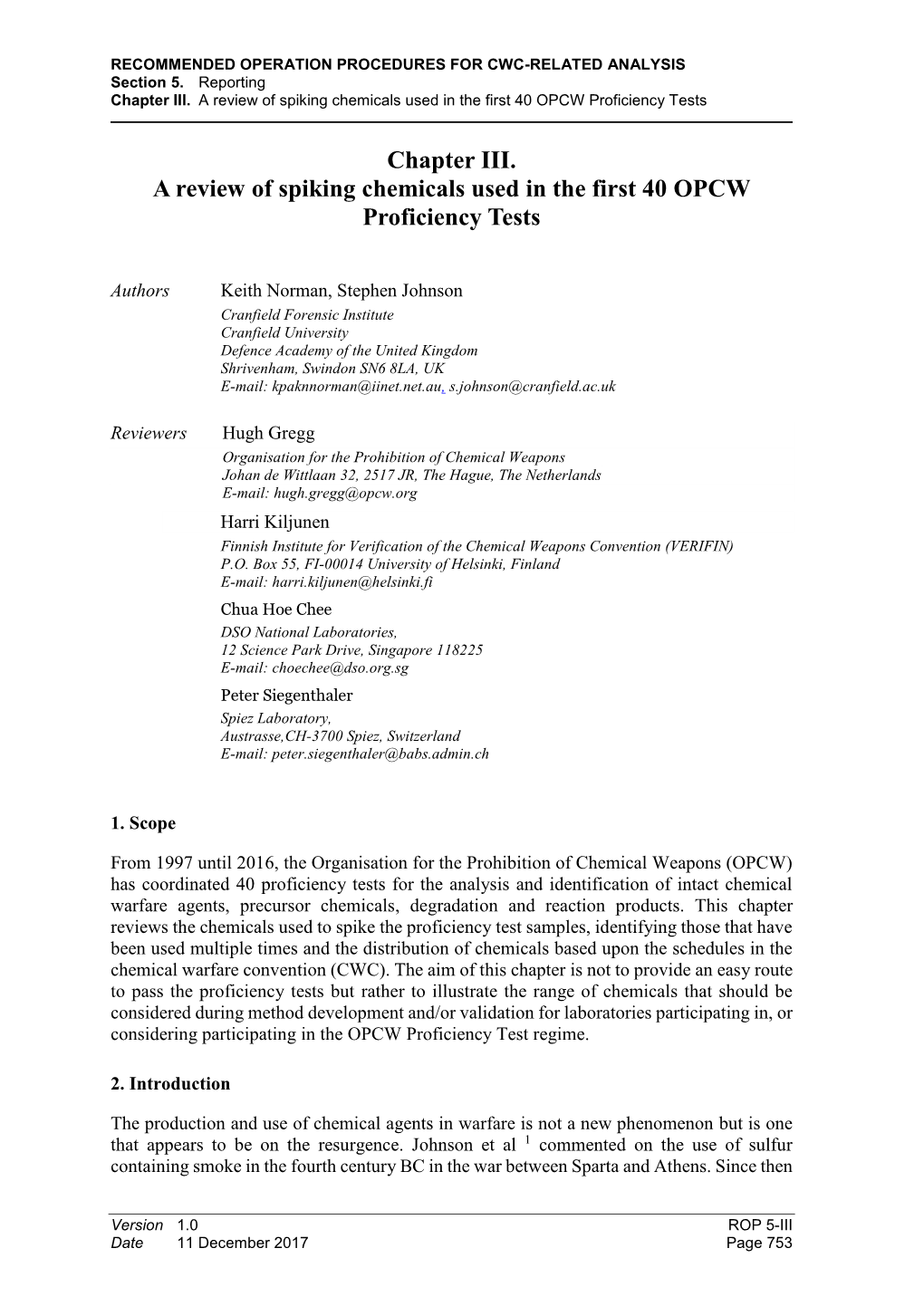 Chapter III. a Review of Spiking Chemicals Used in the First 40 OPCW Proficiency Tests