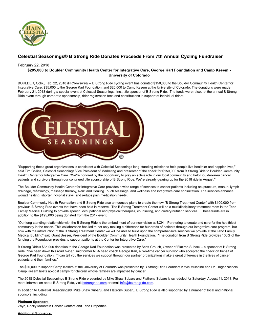 Celestial Seasonings® B Strong Ride Donates Proceeds from 7Th Annual Cycling Fundraiser