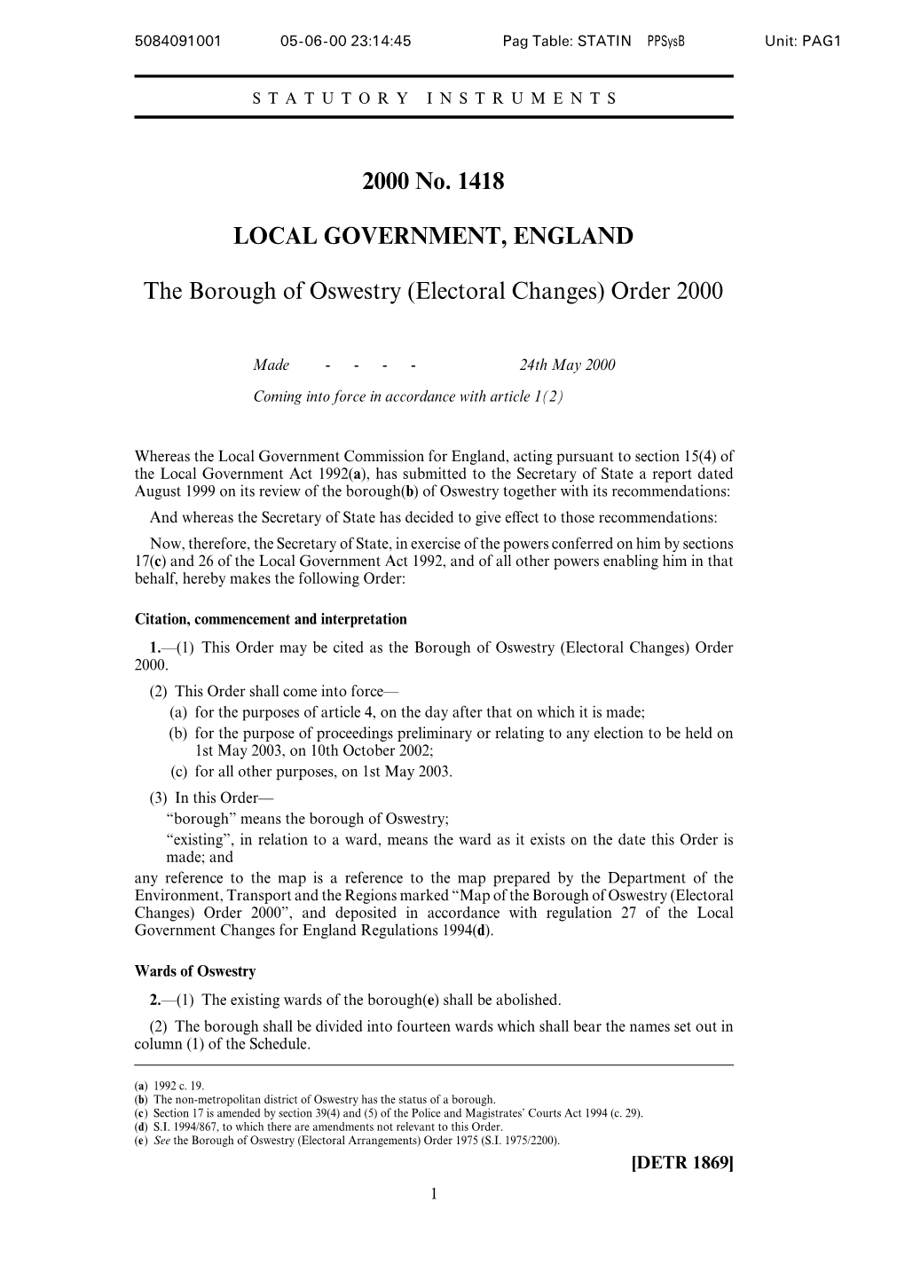Electoral Changes) Order 2000