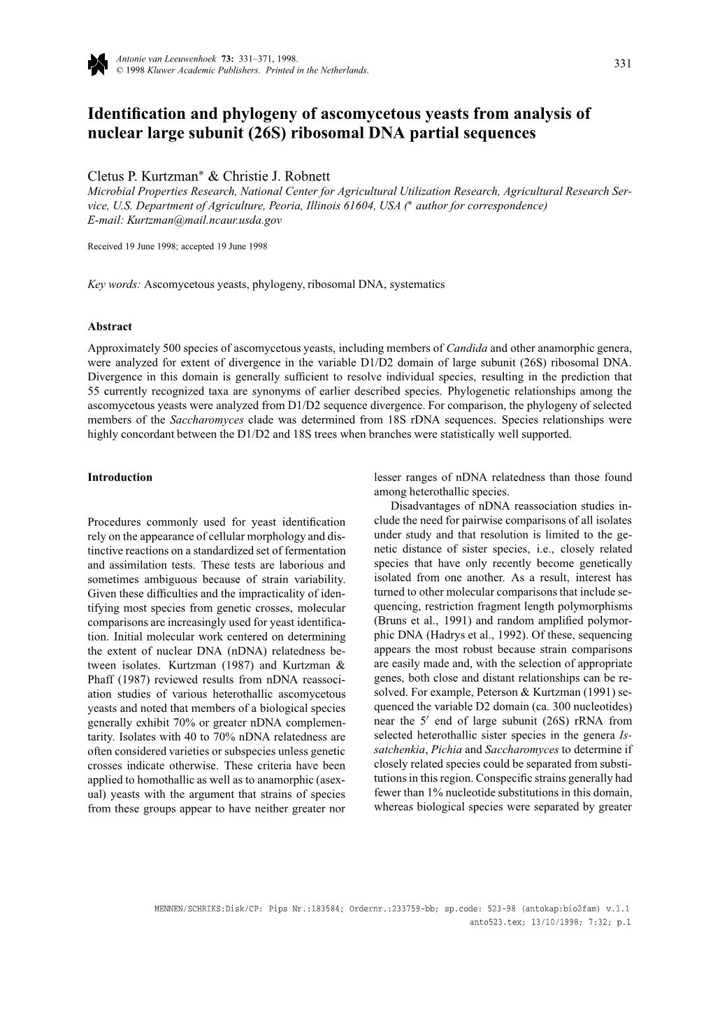 Identification and Phylogeny of Ascomycetous Yeasts from Analysis