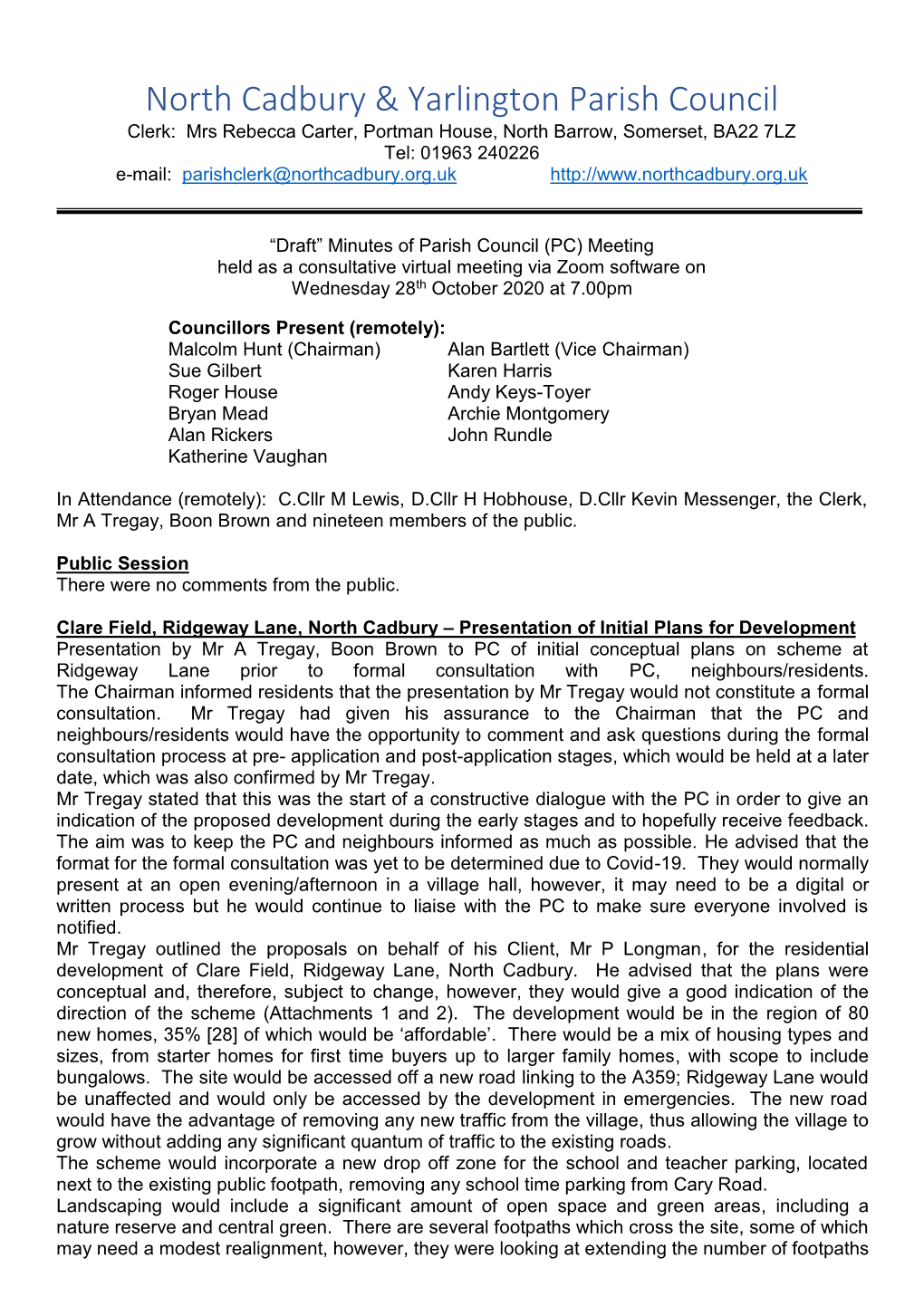 Minutes of Parish Council (PC) Meeting Held As a Consultative Virtual Meeting Via Zoom Software on Wednesday 28Th October 2020 at 7.00Pm