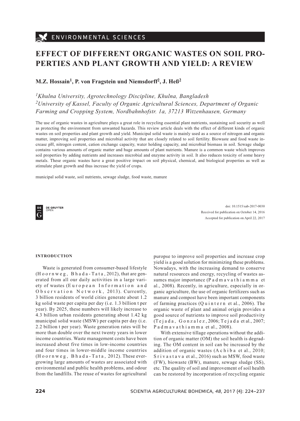 Effect of Different Organic Wastes on Soil Pro- Perties and Plant Growth and Yield: a Review