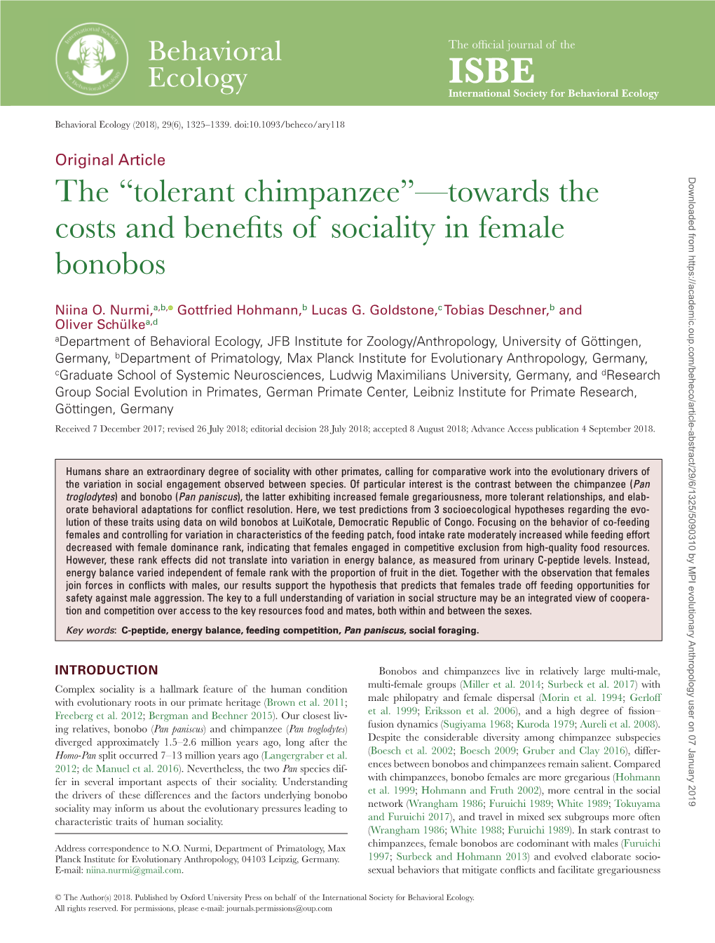 The “Tolerant Chimpanzee”—Towards the Costs and Benefits of Sociality in Female Bonobos