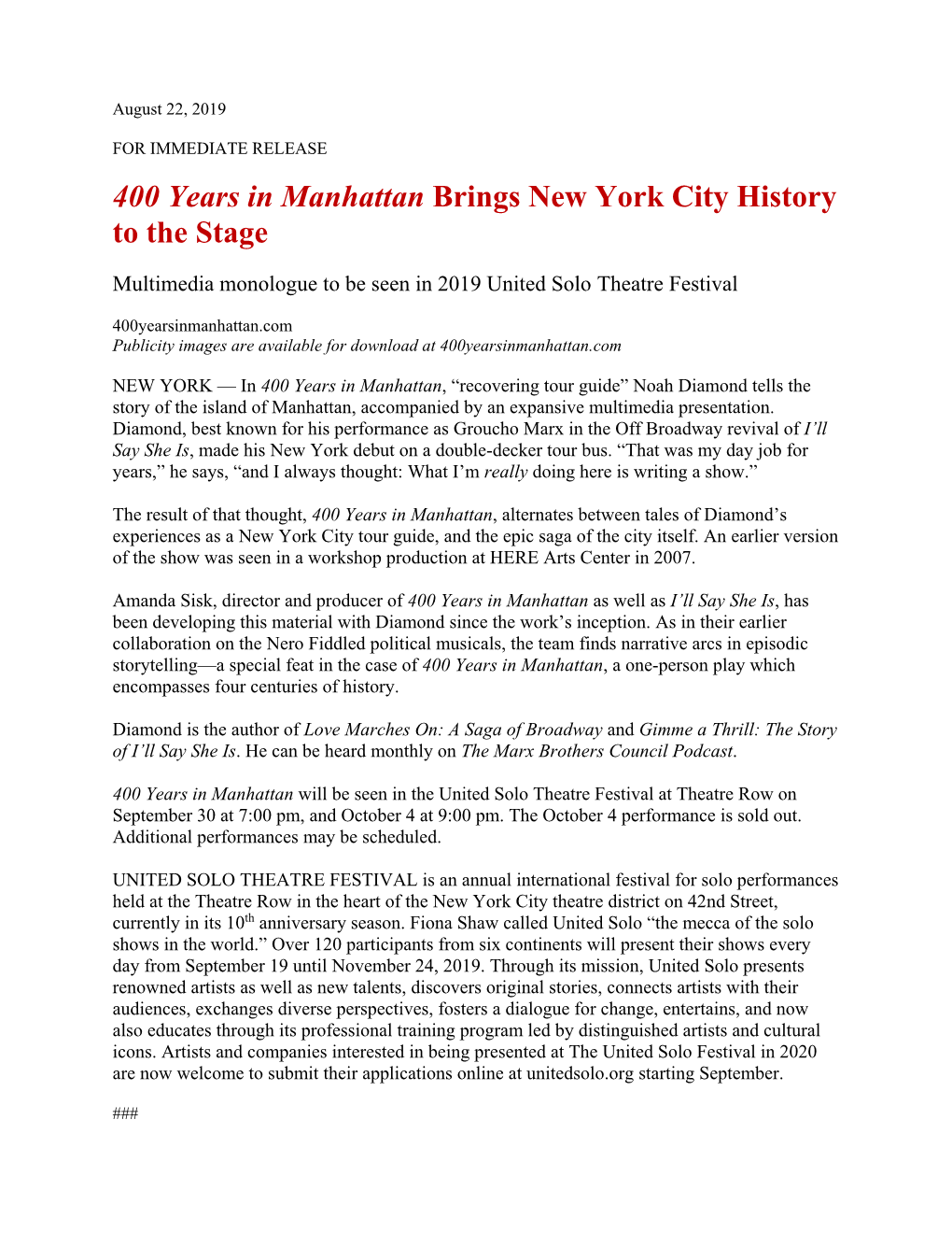 400 Years in Manhattan Brings New York City History to the Stage