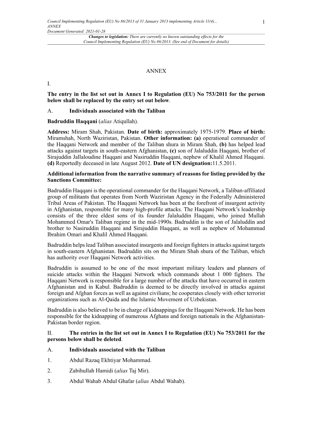 Council Implementing Regulation (EU) No 86/2013 of 31 January 2013 Implementing Article 11(4)