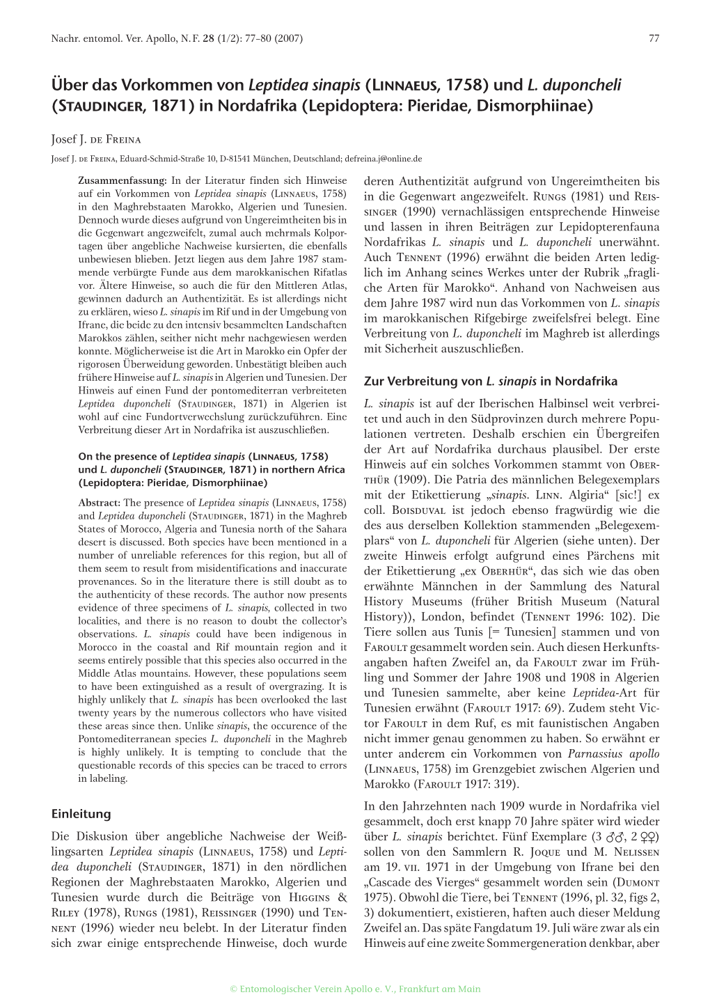 Über Das Vorkommen Von Leptidea Sinapis (Linnaeus, 1758) Und L. Duponcheli (Staudinger, 1871) in Nordafrika (Lepidoptera: Pieridae, Dismorphiinae)