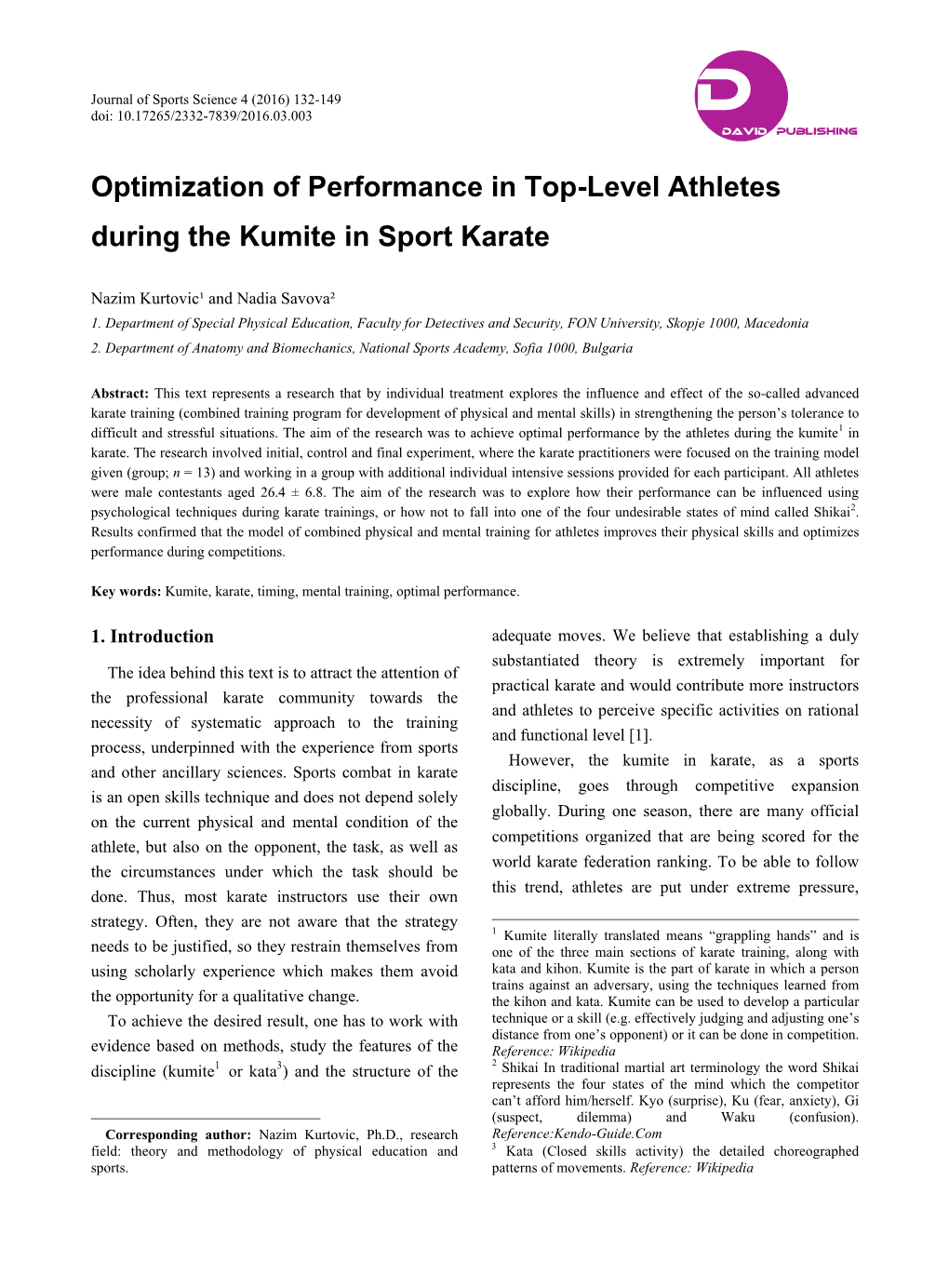 Optimization of Performance in Top-Level Athletes During the Kumite in Sport Karate