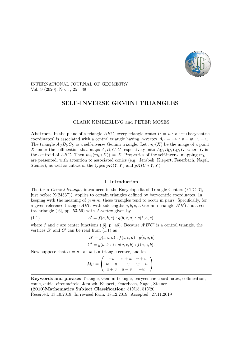 Self-Inverse Gemini Triangles